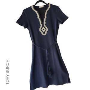 TORY BURCH | LILIANA SOUTACHE NAVY BLUE LINEN DRESS EMBROIDERED EXTRA SMALL | TP